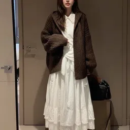 HERE&NOW Women Open Knit Self Design Hood Woollen Front-Open Longline Cardigan-picture-38