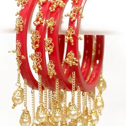 Zindura Set Of 4 Gold-Plated Pearl Beaded Bangles-image-50