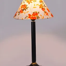 Devansh White and Orange Floral Printed Wooden Frusturical Shaped Table Lamp image 3