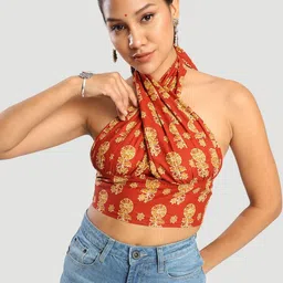 Bene Kleed Floral Printed Halter Neck Ethnic Cotton Crop Top-image-5