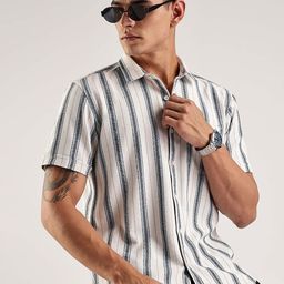 HERE&NOW Men Vertical Striped Spread Collar Cotton Casual Shirt-picture-22