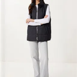 Happiness istanbul Women Solid Mock Collar Sleeveless Bomber Jacket image 3