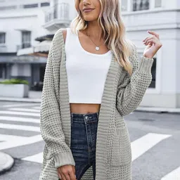 LULU & SKY Self Design V-Neck Long Sleeves Acrylic Longline Open Front Shrug-picture-11