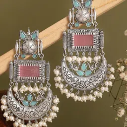 KRISHAZ Silver-Plated Stones Studded And Beaded Oxidised Crescent Shaped Chandbalis-picture-39