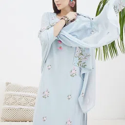 Indo Era Floral Embroidered Straight Thread Work Pure Cotton Kurta With Trousers & Dupatta image 2