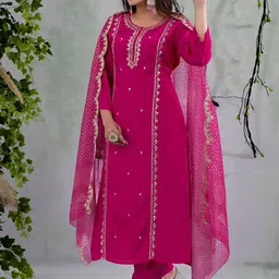 SANISA Women Woven Design Embroidered Kurta with Trousers & Dupatta image 4