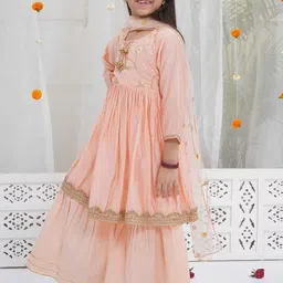 Little Bansi Girls Floral Yoke Design Sequinned Pure Cotton Kurta With Sharara & Dupatta image 2