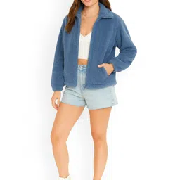 The Dry State Women Spread Collar Self Design Sherpa Jacket image 3