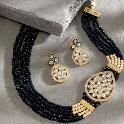SOHI Blue Gold-Plated American Diamond-Studded & Beaded Necklace & Earrings Jewellery Set-picture-30