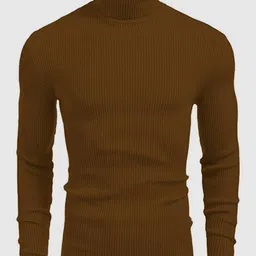 modern mode creation Men Striped High Neck Wool Blend Brown T-Shirt-picture-10