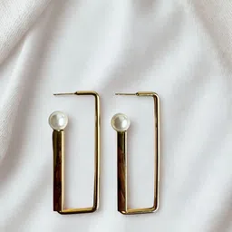 The Jewellery Tale Stainless Steel Gold Pearls Beaded Rectangular Half Hoop Earrings image 1