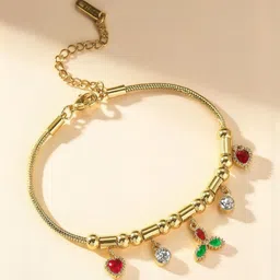 ISHKAARA Women Stainless Steel Gold-Plated Stones Studded Heartleaf Charm Bracelet-image-3