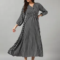 Krunal Raiyani Striped Puff Sleeve Crepe Fit & Flare Midi Dress-image-31