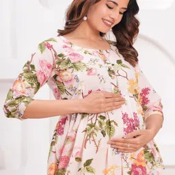 Style Heaven Women Cream Floral Printed Pure Cotton Maternity Angrakha Kurti-picture-21
