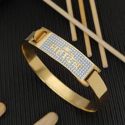 SZN Men Stainless Steel Gold-Plated American Diamond Studded Mahadev Kada Bracelet-picture-30