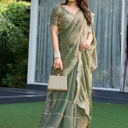 HERE&NOW Embellished Embroidered Pure Chiffon Heavy Work Saree image 5
