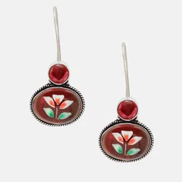 Priyaasi Silver Plated Ruby Studded Floral Oxidised Drop Earrings image 5