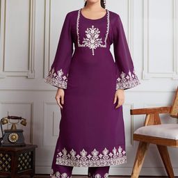 House of Pataudi Floral Embroidered Flared Sleeves Round Neck Straight Kurta With Trouser-picture-7