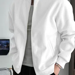 ENITOR Men's White Solid Mandarin Collar Full Zipper Sweatshirt image 3