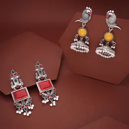 Sangria Set Of 2 Silver-Plated Stones Studded & Beaded Peacock Shaped Drop Earrings-picture-37