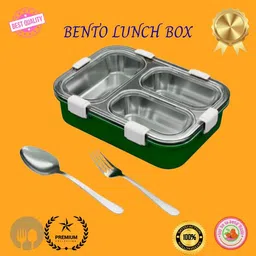 evara international Lunch Box 3 Compartment Leakproof Stainless Steel With SPOON & FORK_LG299 3 Containers Lunch Box image 1
