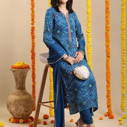 DIVASTRI Women Bandhani Printed Regular Kurta with Trousers & With Dupatta image 1
