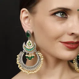 VIVAZS Silver-Plated Oxidised Stones Studded & Pearls Beaded Crescent Shaped Chandbalis-image-43