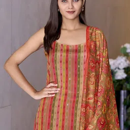 MOJILAA Striped Printed Beads And Stones Mirror Work Kurta With Palazzos & Dupatta image 2