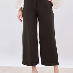 Styli Women Wide Leg High Waist Trousers With Folded Hemline-picture-10