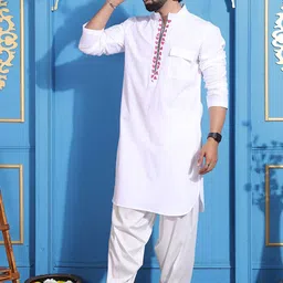 MIDAV Men Thread Work White Romance Kurta image 5