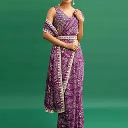 ODETTE Embellished Embroidered Purple Chinon Digital Print Saree-image-0