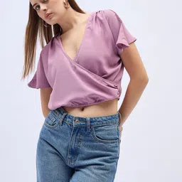 ANJIR Women Flared Sleeve Crepe Wrap Crop Top image 4