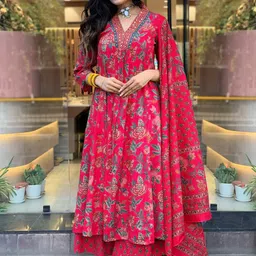 DIVASTRI Floral Printed V-Neck Panelled Anarkali Kurta With Palazzos & Dupatta image 3