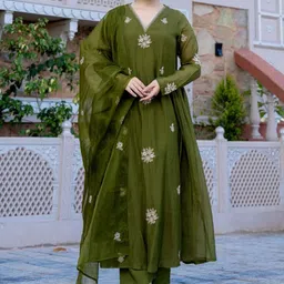 GoSriKi Women Ethnic Motifs Embroidered Anarkali Kurta with Trousers & Dupatta-image-6
