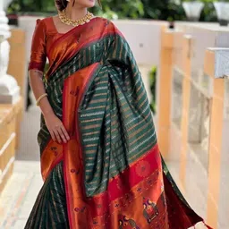 WOVENSTOCK Ethnic Motifs Zari Art silk Handloom Kanjeevaram Saree image 4