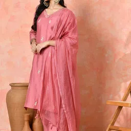 Sangria Women Solid Embroidered Kurta with Trousers & Dupatta image 5