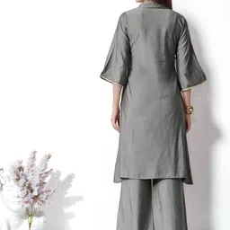 HERE&NOW Geometric Yoke Design Notch Neck Sequinned A-Line Kurta With Palazzos image 2