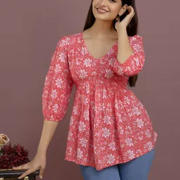 maheshvi Casual Balloon Sleeve Floral Print Women Pink Top-picture-12