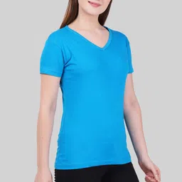 fleximaa Women Solid V Neck Pure Cotton Blue T-Shirt image 3