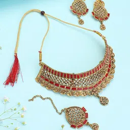 ANIKAS CREATION Maroon Gold-Plated Crystal Studded Traditional Choker Jewellery Set image 1