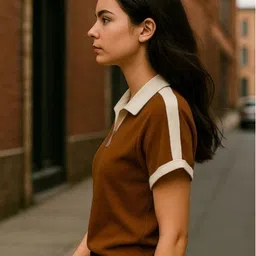 ytrick Women Colorblock, Solid Polo Neck Cotton Blend Brown T-Shirt image 2