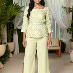 KYVO Foil Printed Top With Pants & Embellished Belt Co-Ords-picture-10