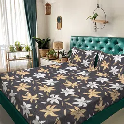 Arrabi Grey & Yellow Floral 350 TC King Bedsheet with 2 Pillow Covers-image-49