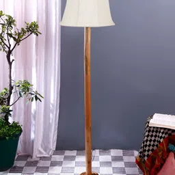 Devansh Off White & Brown Cotton Cylindrical Shade Wood Base Floor Lamps image 3