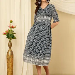 AKIMIA Ethnic Motifs Printed V-Neck Short Sleeves A-Line Ethnic Dress-picture-20