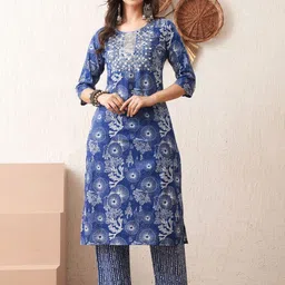 GLOWWORLD Women Ethnic Motifs Printed Regular Pure Cotton Kurta with Trousers-picture-36
