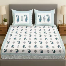 RRC White & Blue Floral Cotton 300 TC Double King Bedsheet Set-2.37 m X 2.74 m-image-96