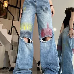 StyleCast x Revolte Women Wide Leg Light Fade Slash Knee Stretchable Jeans-picture-13