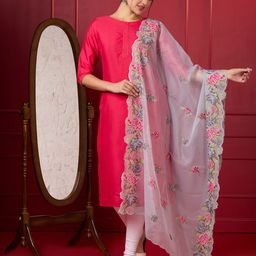 Dupatta Bazaar Floral Embroidered Thread Work Kota Doria Cotton Dupatta-picture-8