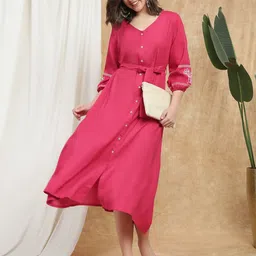 Globus Women V-Neck Bishop Sleeves Embroidered Detail Waist Tie-Ups A-Line Midi Dress-image-48